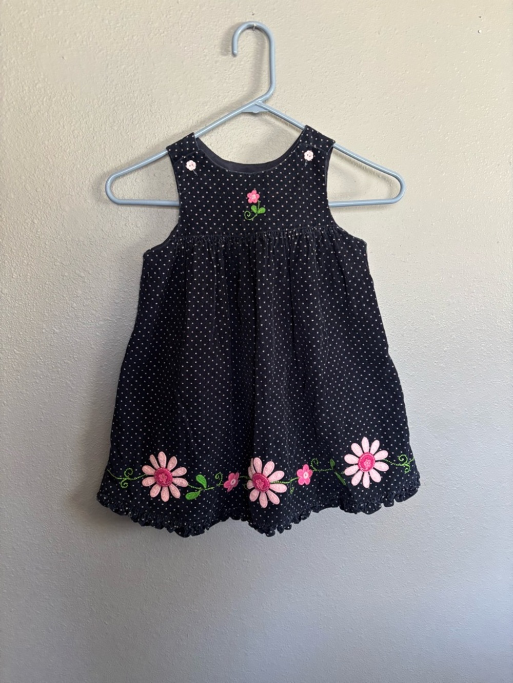 Vintage Navy Polka Dot Dress with Pink Floral Trim